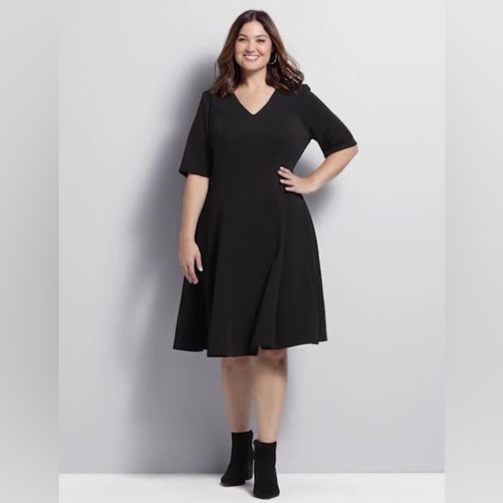 Lane Bryant 3/4 Sleeve V Neck Fit & Flare Dress Navy Blue Womens Size 18/20